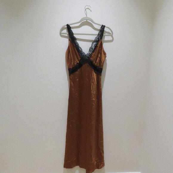 ABERCROMBIE & FITCH Satin Lace Midi Slip Dress Terracotta Y2K Friends Holidays - Picture 2 of 16